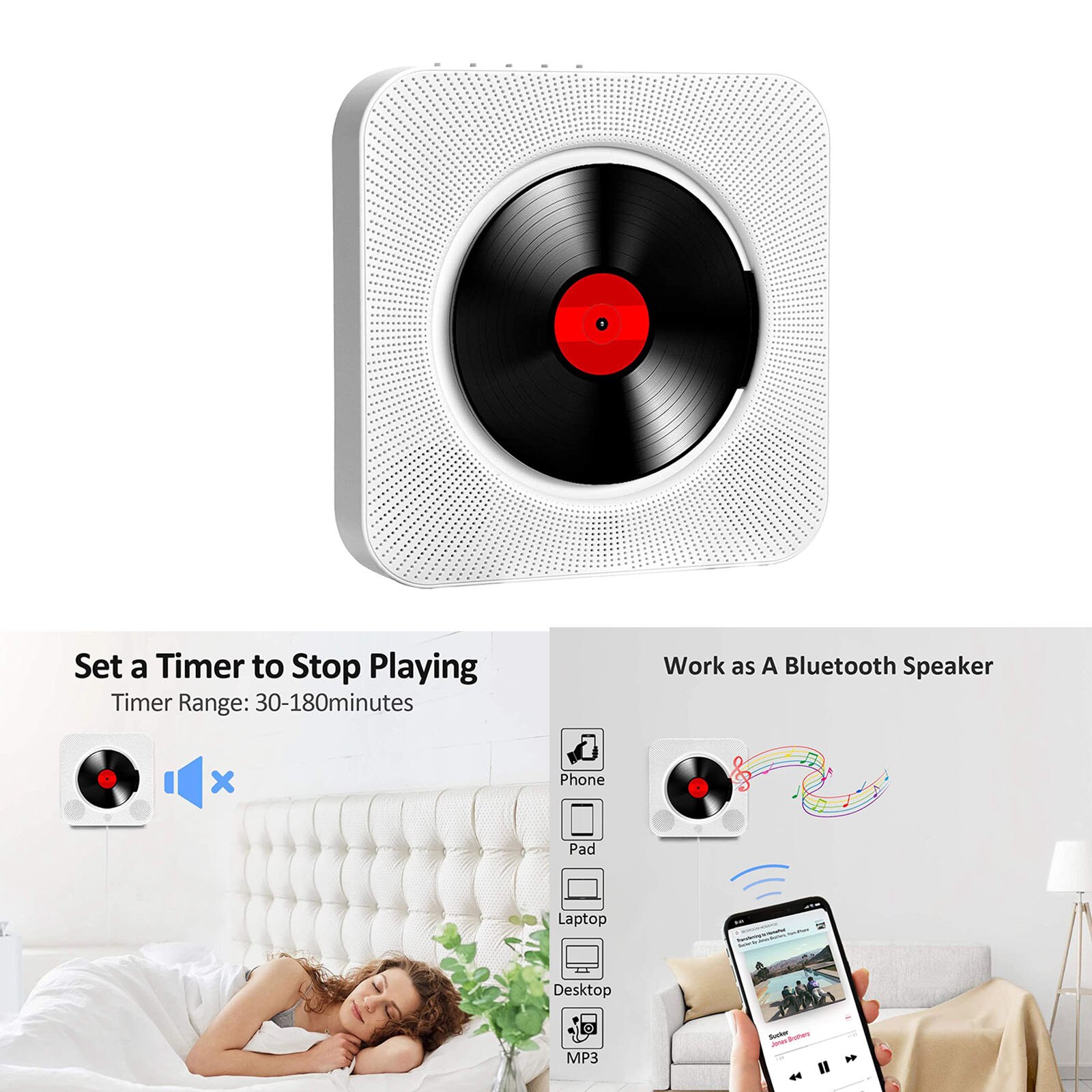 Reproductor de música con Bluetooth, CD, color blanco, montado en la pared, Radio FM, USB, TF, entrada auxiliar