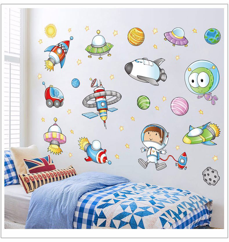 Ruimte Astronaut Cartoon Muursticker Kinderkamer Decoratie Slaapkamer Art Achtergrond Baby Autocollant Muurschildering