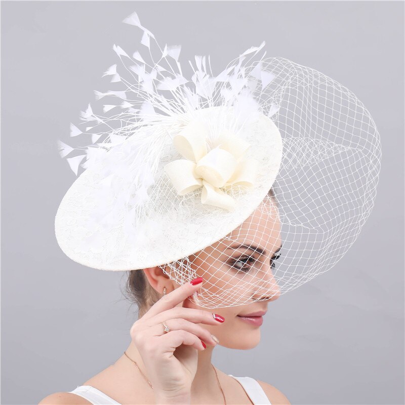Janevini Grote Elegante Vrouwen Hoeden Bruiloft Facinators Linnen Mesh Birdcage Veil Ivoor Prinses Bruid Kant Hoed Accesorios De Novias