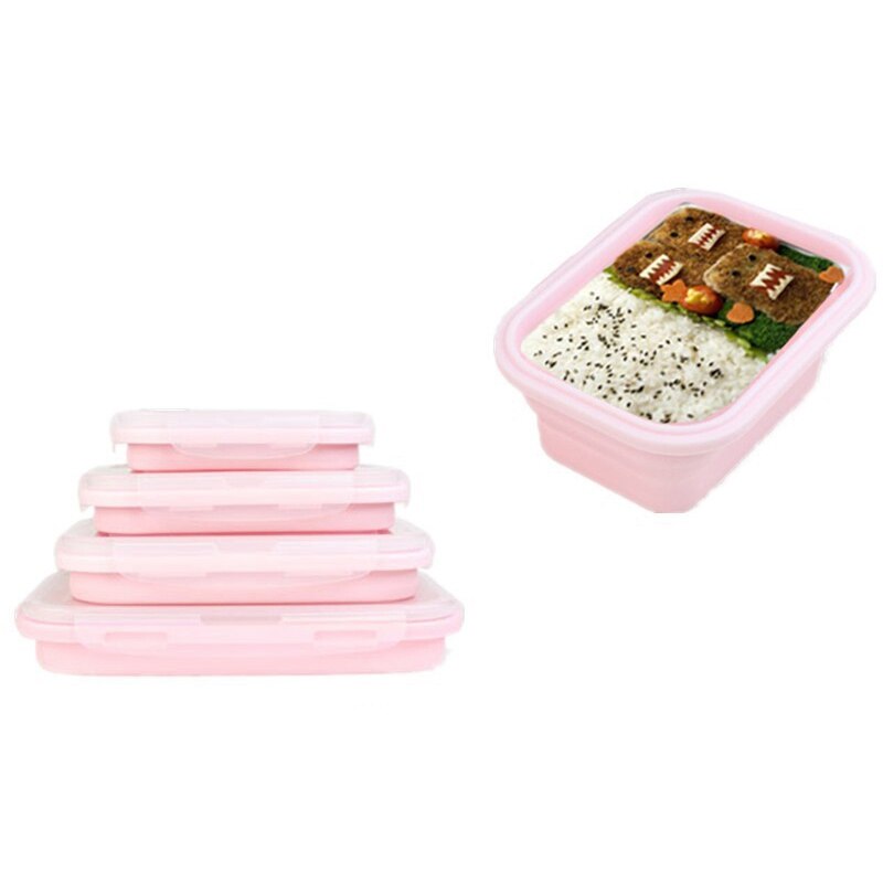 LUDA Pink Food Grade Silicone Lunch Box Folding Eco-Friendly Food Container Bento Box Collapsible Portable Microwave Crisper B