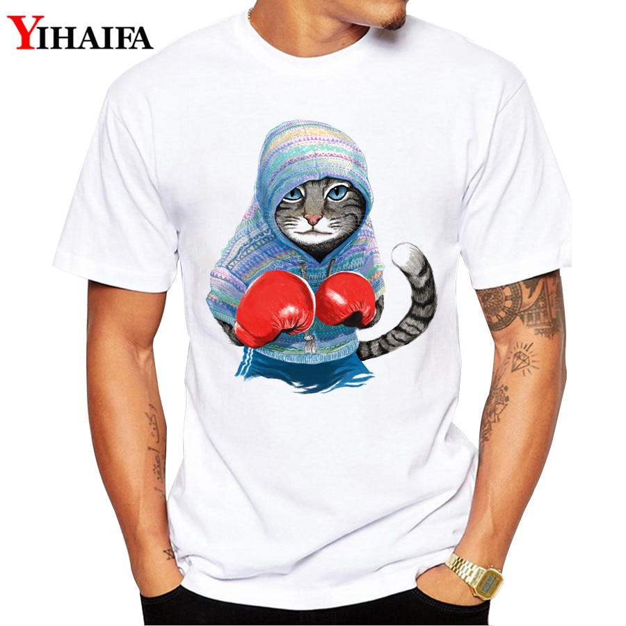 3D Printed Brand Men T-Shirt Gym Boxing Cat Print Summer Short Sleeve Slim Fit Round Neck White Printed Tee Shirts Hombre