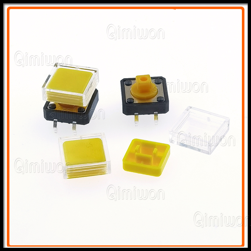 10 Stuks B3f Tactiele Drukknopschakelaar + A14 Kleur Hoed 10 Stuks + Transparante Dop 10 Stuks Kortstondige Tact Touch Microschakelaar 12*12*7.3Mm: YELLOW