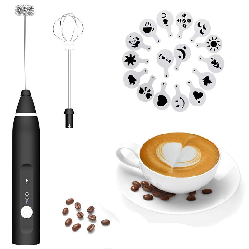 Rechargeable Handheld Milk Frother with 2 Stainless Whisks 3-Speed Adjustable &Art Stencils Perfect for Coffee/Egg Mix: Default Title