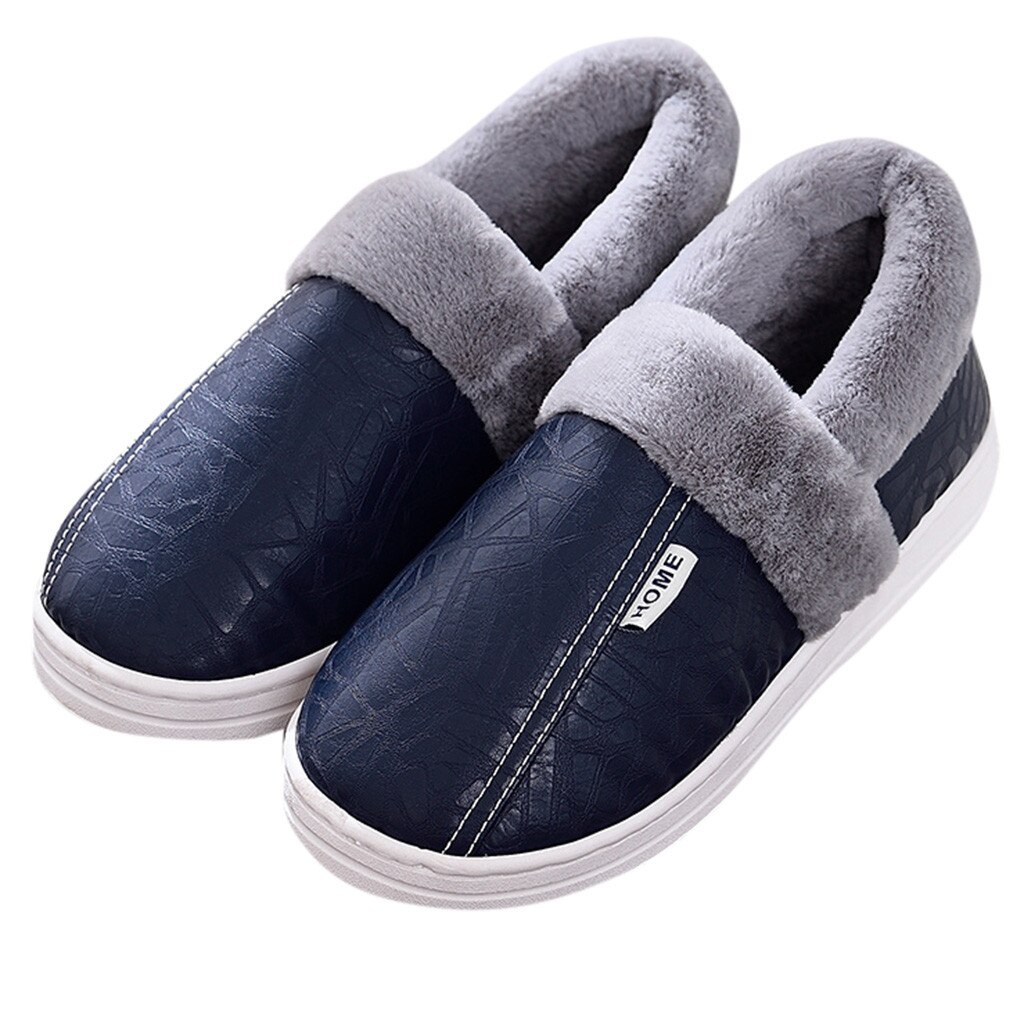 Winter Men Slippers Waterproof Warm Non-slip Floor Home Slippers Outdoor Indoor Bedroom House Shoes Men Cover Heel Slipper: Blue / 41