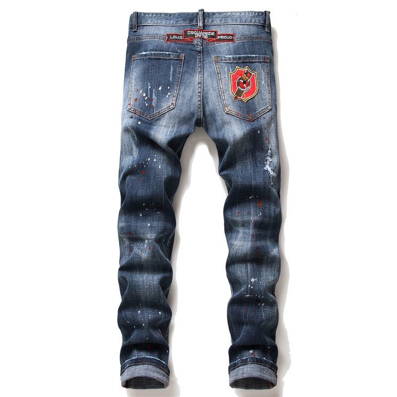 Bekende merken heren slim jeans gescheurde jeans voor mannen kleine stretch verf badge broek herenkleding hiphop streetwear blauw