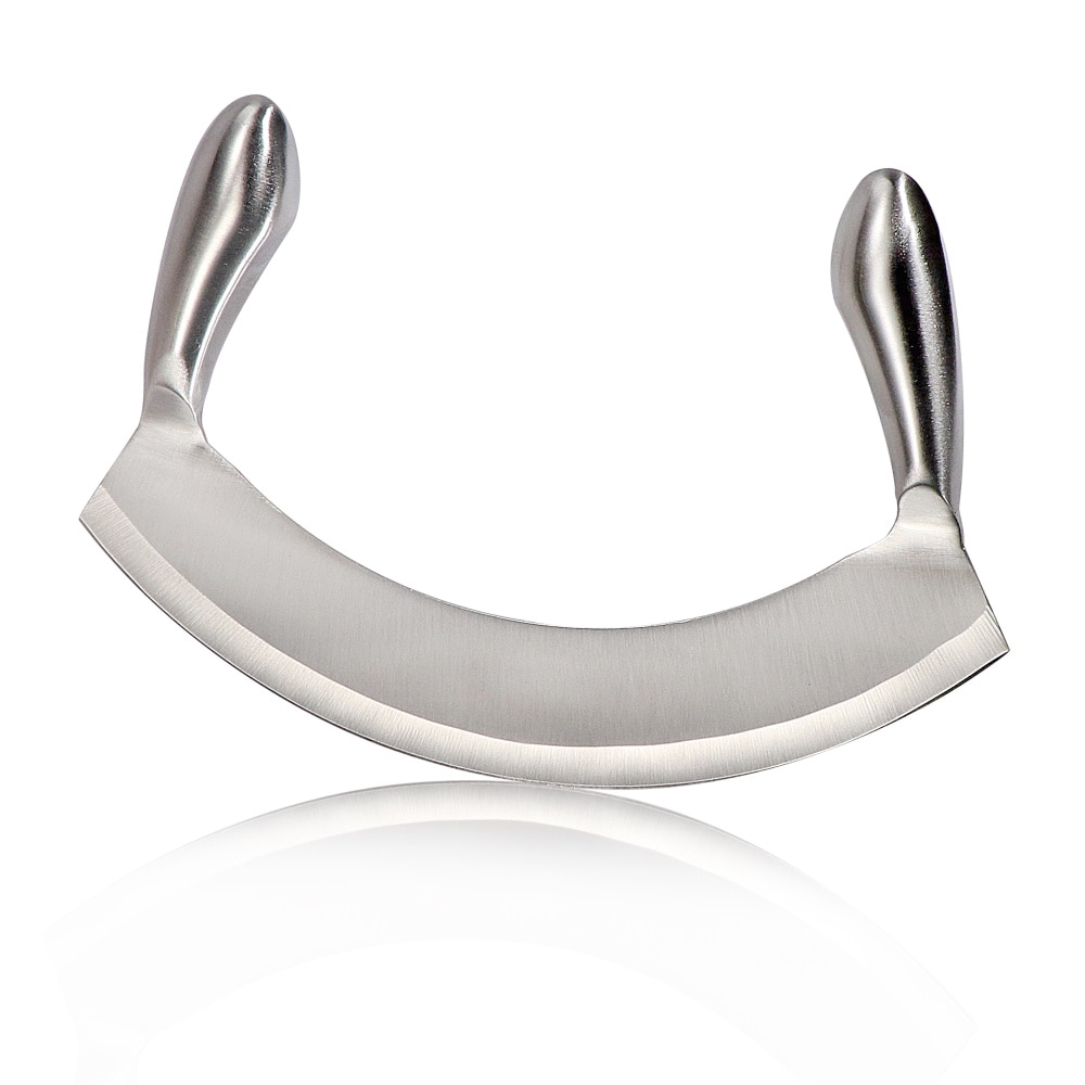 8.5 pouces en acier inoxydable Mezzaluna couteau herbe hachoir Pizza Cutter fruits légumes salade trancheuse Dicer herbe hachoir couteau de cuisine