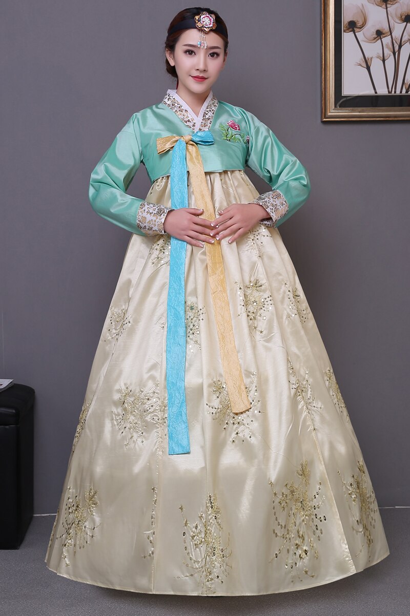 Costume traditionnel coréen hanbok à paillettes, costume de palais coréen pour femme, robe hanbok, vêtements de danse nationale pour spectacle sur scène 89: yellow / XL