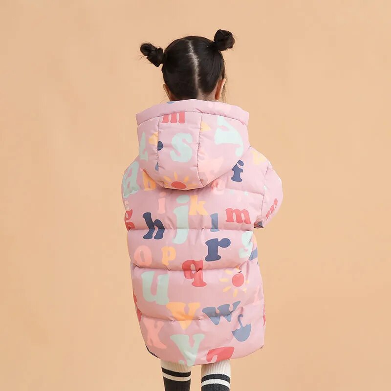 Korean Graffiti Cotton-padded Jacket Baby Girls Mid-length Thick Warm Cotton Jacket Winter Printed Letters Windproof Parkas