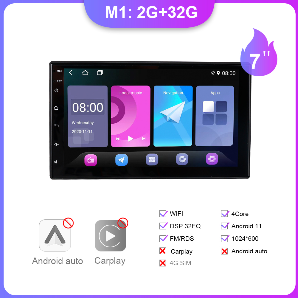 Android 11 7 tommer bilradioafspiller carplay android auto multimedieafspiller bilberøringsskærm auto lyd stereoafspiller 2 din: Hvid