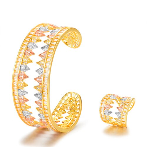 GODKI Revet, colgantes de dientes, 2 unidades, brazalete, anillo de puño, conjunto para mujer, boda, novia, zirconia cúbica, Dubai, de boda, alta joyería BOHO: 3 Tone