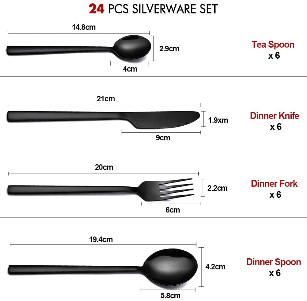 24Pcs Bestek Set Rvs Servies Set Mes Vork Lepel Diner Set Servies Zwarte Matte Bestek Set