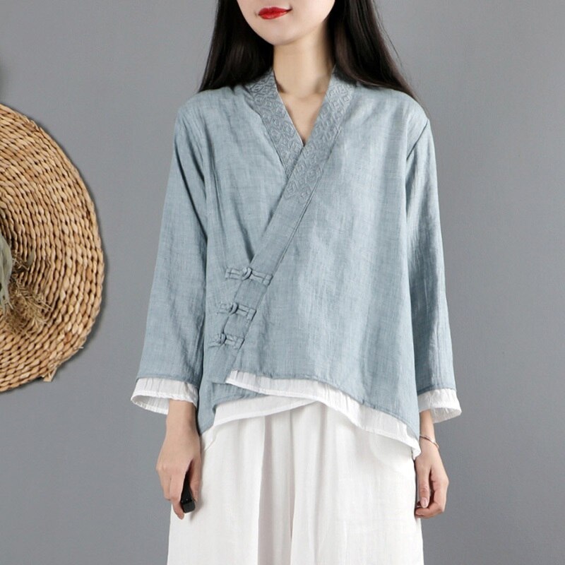 Tops chinos para mujer, blusas de primavera Retro oblicuas, Cheongsam Qipao, Top Hanfu, ropa de estilo chino para mujer