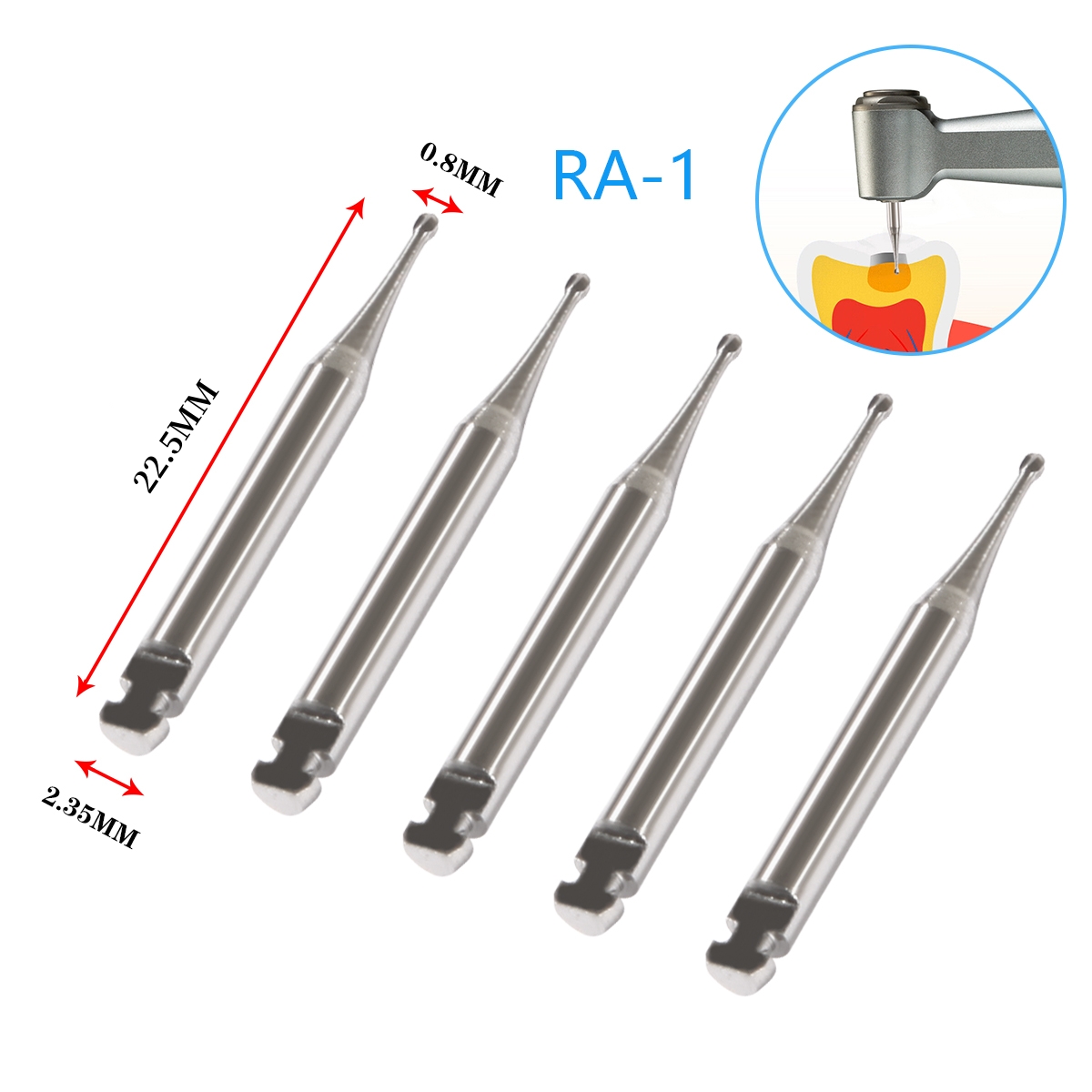 5 unids/caja fresas dentales de carburo de acero de tungsteno cabeza redonda pestillo RA 0,8/1/1,2/1,4/1,6/1,8/2,1/2,3mm para pieza de mano de baja velocidad 2,35mm