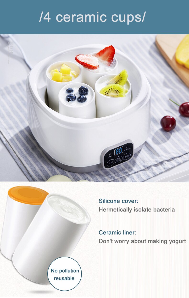 Dmwd elektrisk yoghurt maker automatisk multifunktion natto risvin yoghurt gæringsmaskine rustfrit stål liner 4 leben kopper
