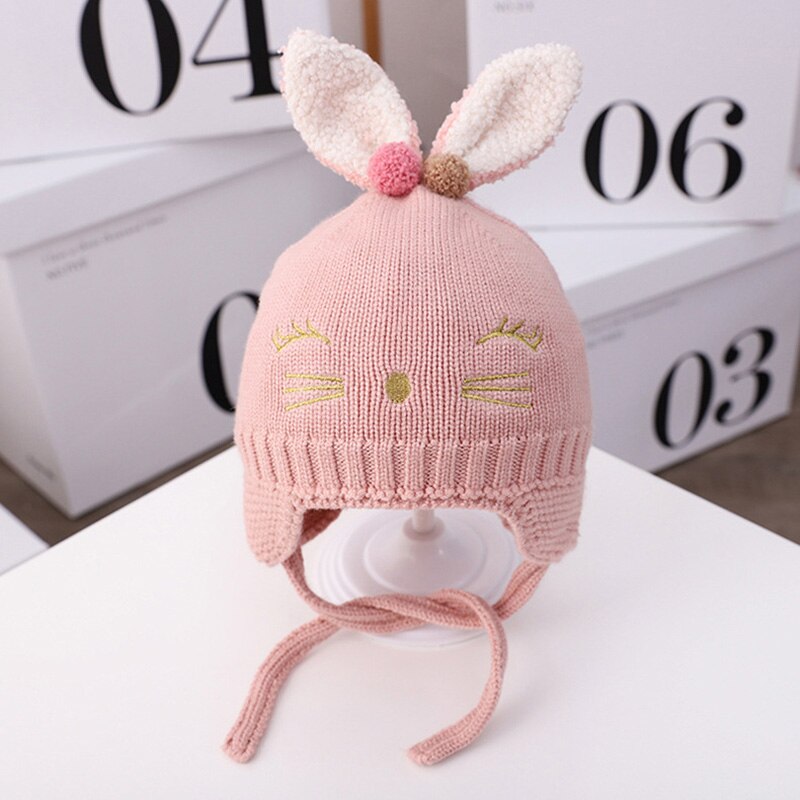 Schattige muts met konijnenoren voor babymeisjes, jongensaccessoires, warme gehoorbescherming, kindermuts, muts met pompon, gebreide wintermuts voor kinderen: Roze