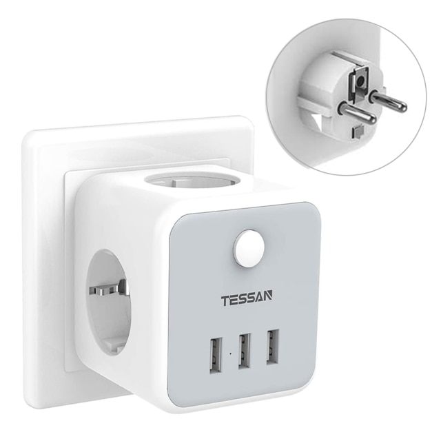 TESSAN Power Strip EU Socket Travel Power Strip with 3 AC Outlets and 3 USB Charging Ports On/Off Switch 1.5m/5ft Extension Cord: TS-301-DE-GR