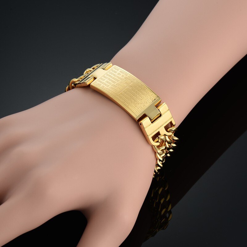 Jezus Christendom Bijbel Spaanse Armband Homme Unieke Gouden Kruis Dikke Chain Link Id Armband Goud Kleur Mannen Sieraden