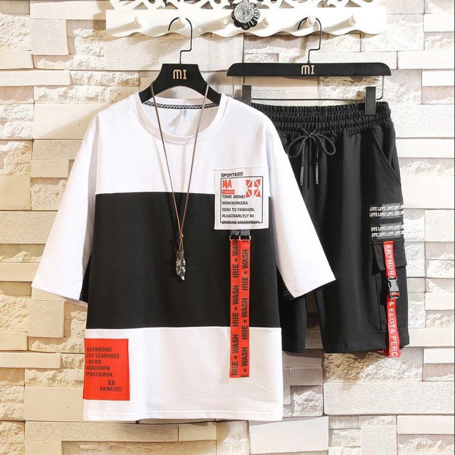 Conjunto masculino hip-hop, roupas de hip hop da moda, roupa de verão, camiseta e calça, duas peças conjunto casual: 283 White / XXL FOR 180 CM 80KG