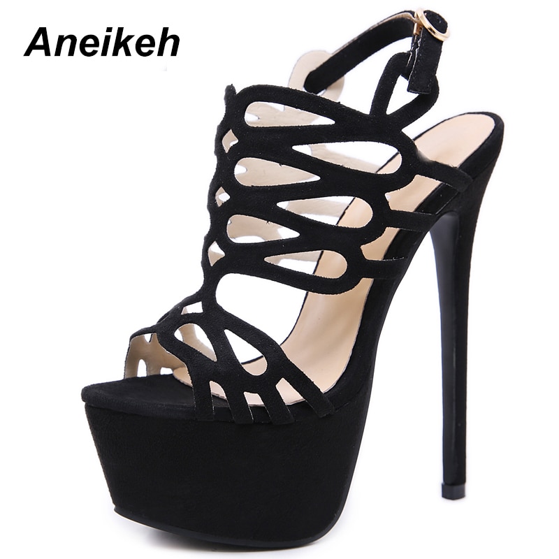 Aneikeh Sommer Plattform Sandalen Sexy 16 cm Frauen Sandalen High Heels Offene spitze Gladiator Nachtclub Flock Schuhe Große Größe 34-40