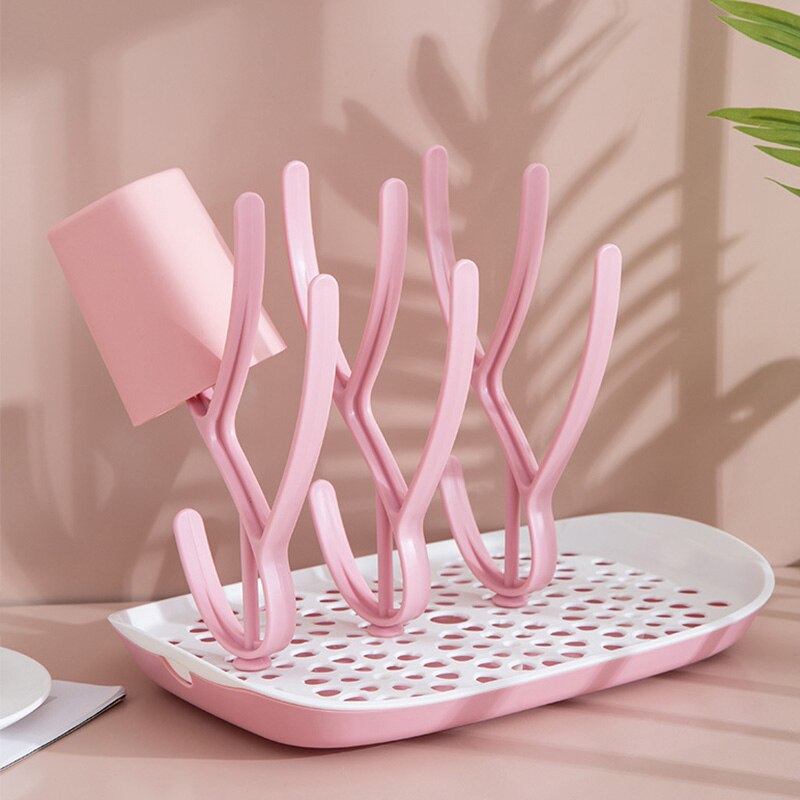 Soporte para secar botellas en forma del árbol para bebé, prueba de polvo seco a botellín de drenaje, botellero de seguridad de plástico a la T2242: PINK