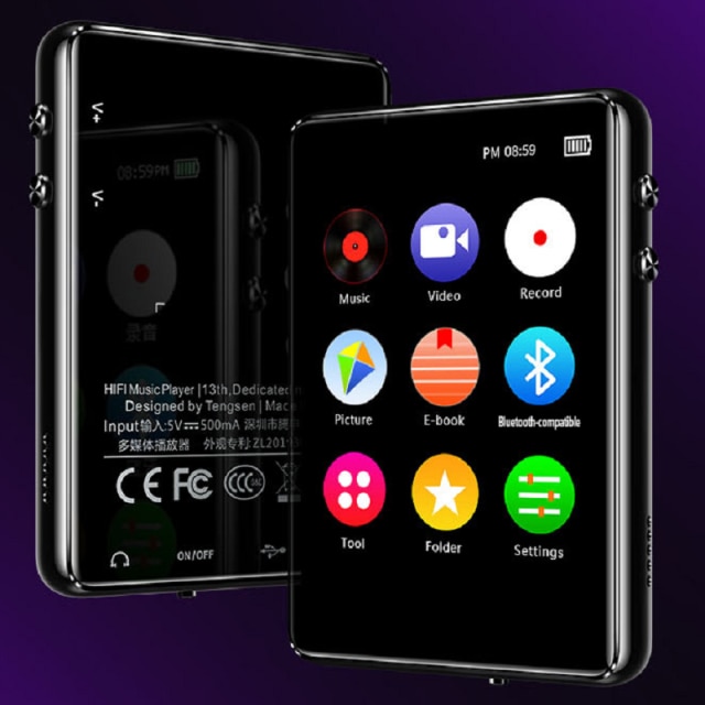 Original metal support, bluetooth 5,0 mp3 mp4 hifi music player, built-in speaker with e-book recording/fm radio/video: Black / 16gb