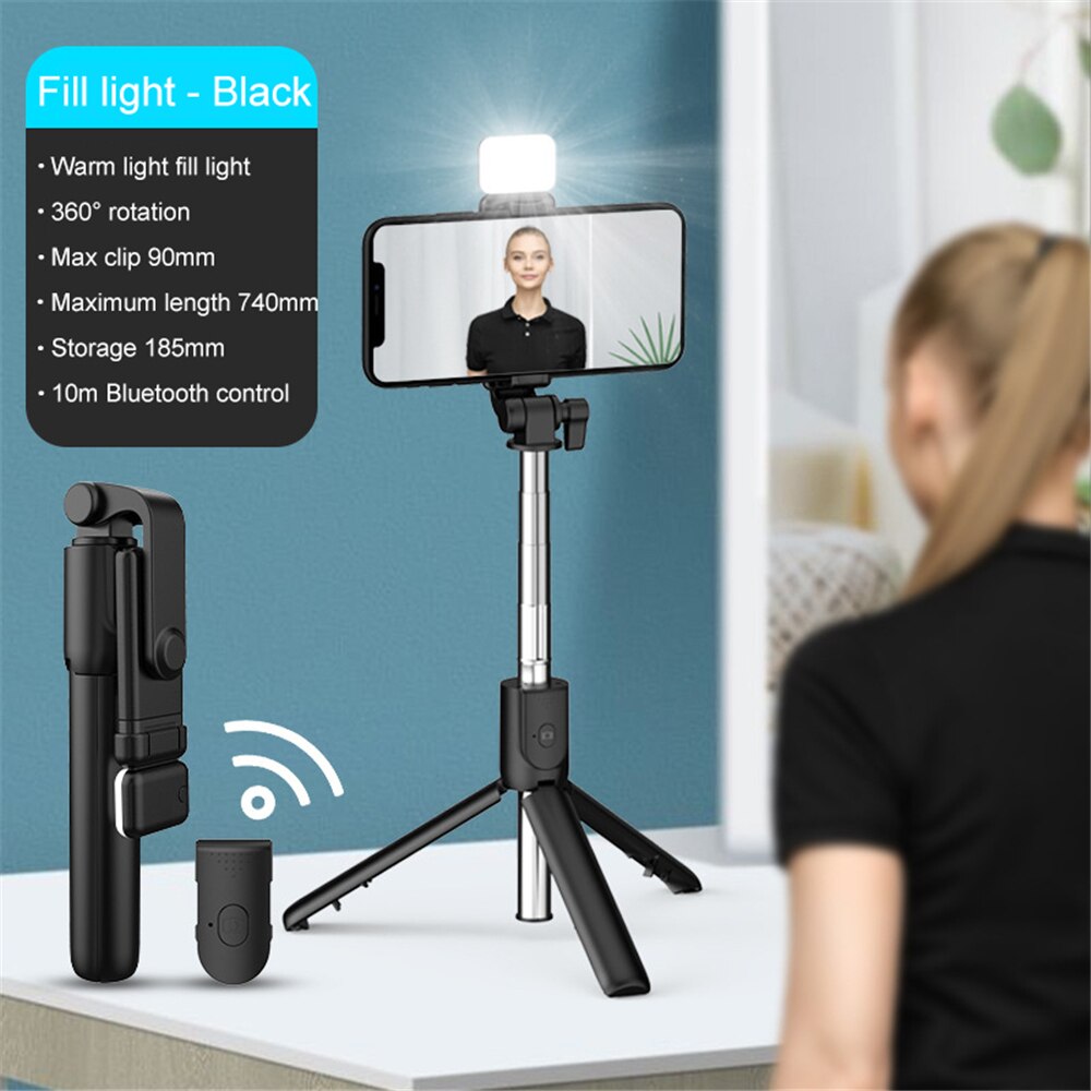 Tragbarer, kabelloser bluetooth-selfie-stick mit ausziehbarem und faltbarem stativ für ios, android und iphone.: Grünes zusatzlicht