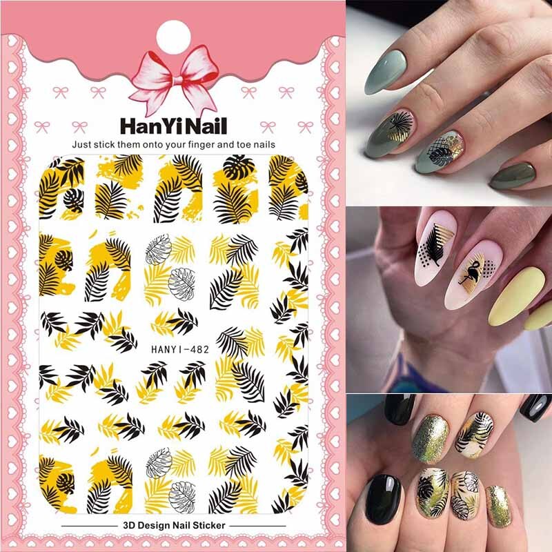 3D Nail Art Sticker Voor Manicure Decoratie Zwart Goud Kleuren Geometrische Lijnen Bladeren Ultra Dunne Slider Nail Lijm HY004: 482