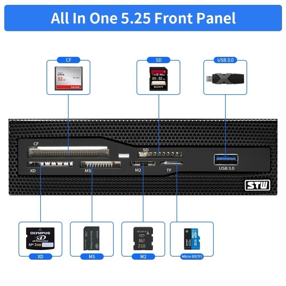 5.25 Inch Interne Kaartlezer Voor Computer Met Usb 3.0 Sd Micro Sd Cf Xd Ms M2 Tf Voorpaneel all In 1 Geheugenkaartlezer