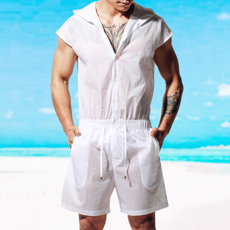 Pantalones cortos de playa para hombre, mono de secado rápido para deportes acuáticos, trajes de cuerpo sin mangas ultrafinos para el sol: Blanco / L