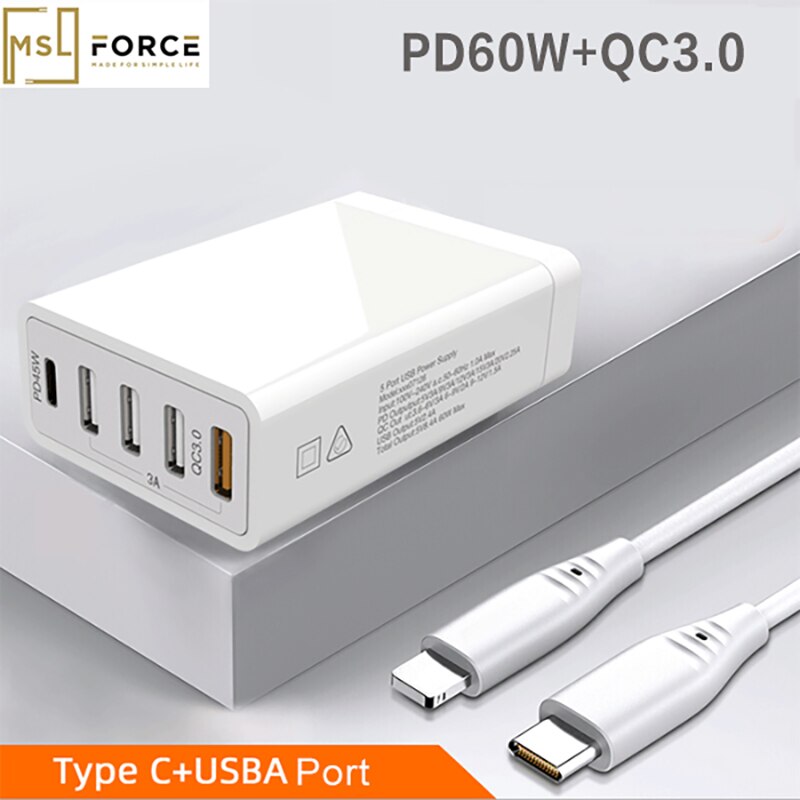 Usb C Pd Wall Charger 60 W Power Levering 5-Poort Met QC3.0 Usb Wall Charger Voor Iphone Ipad galaxy Lg Htc Usb Laadstation