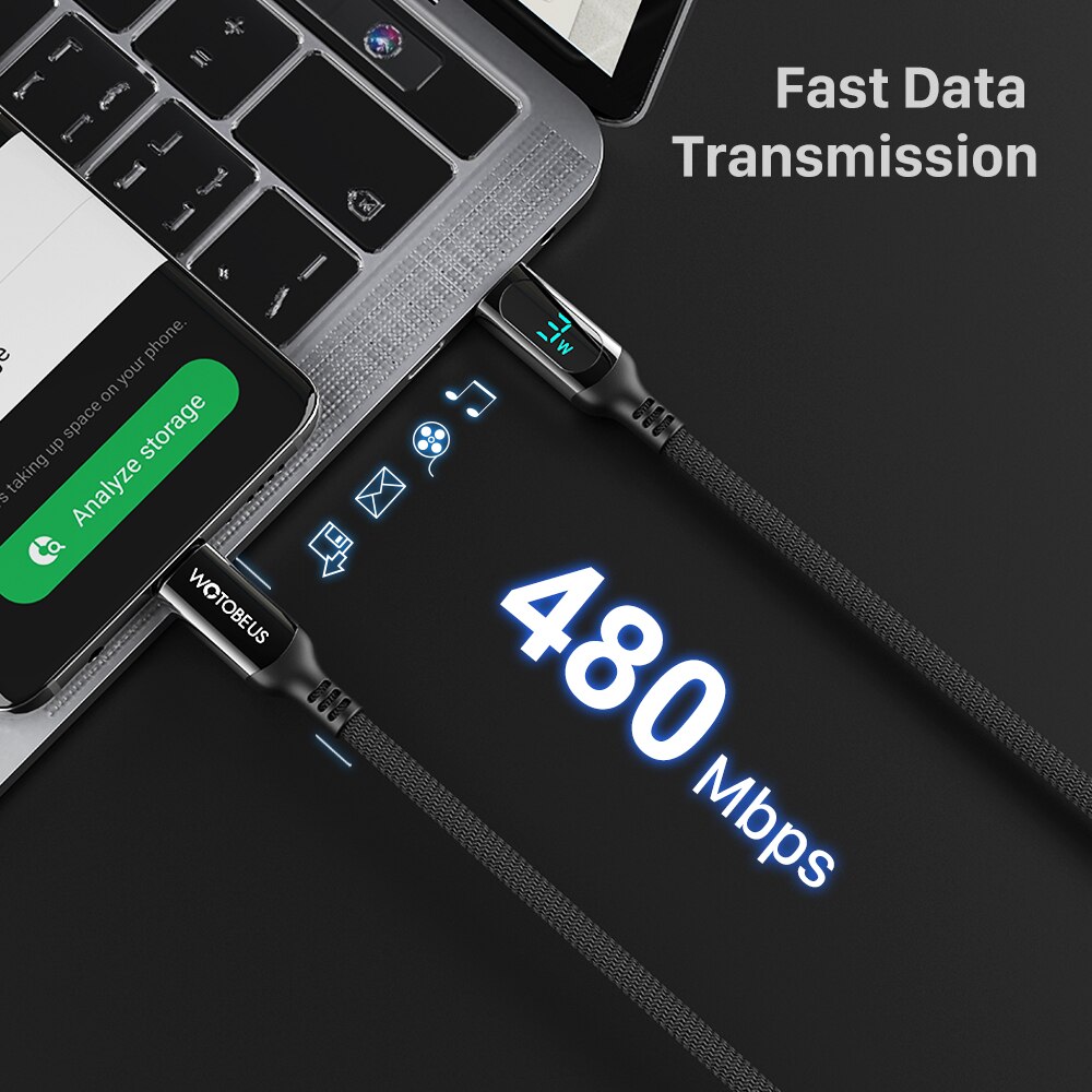 WOTOBE PD100W USB C zu USB C Kabel, LED-anzeige 5A E-Marker Schnelle Ladung Nylon Geflochtene Schnur für Samsung S21 Ultra iPad Laptop