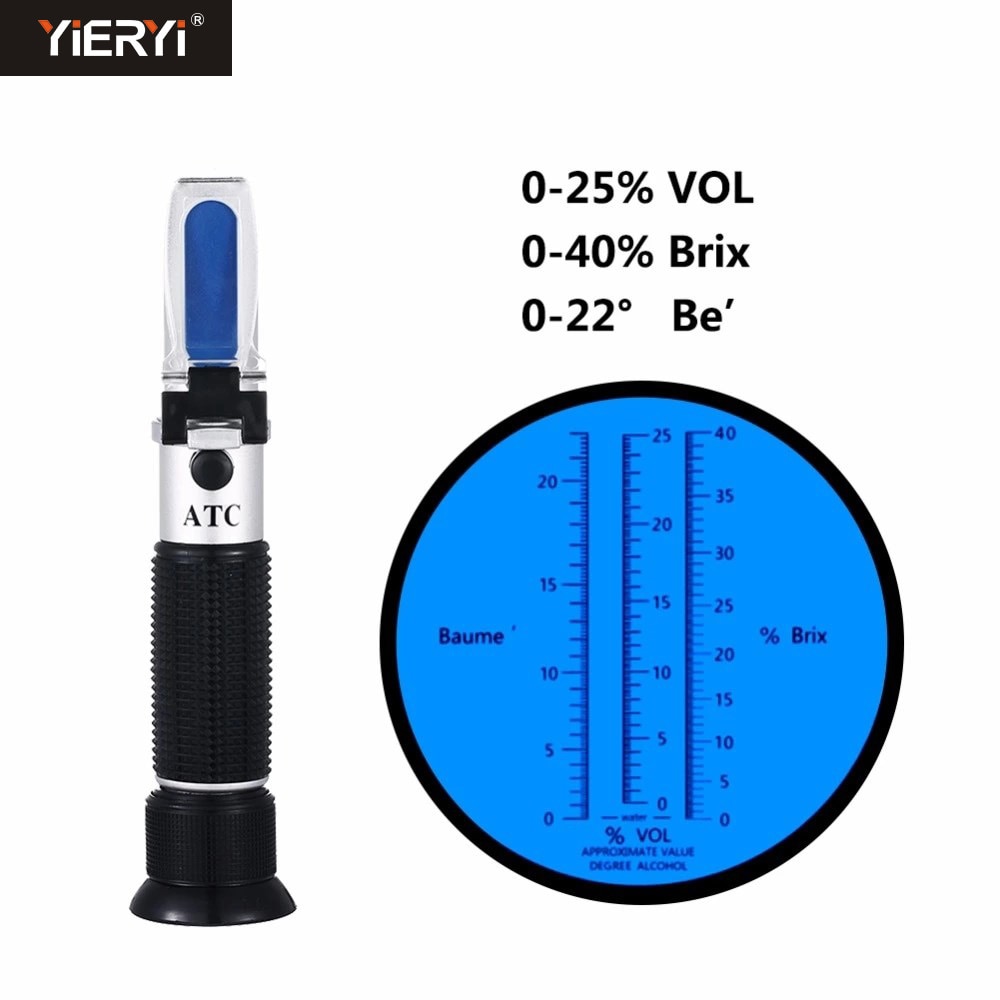 Yieryi-refractómetro de vino 3 en 1 de mano, densímetro, 0-25%, Alcohol, cerveza, 0-40%, uvas Brix, 0-22%, Baume, ATC