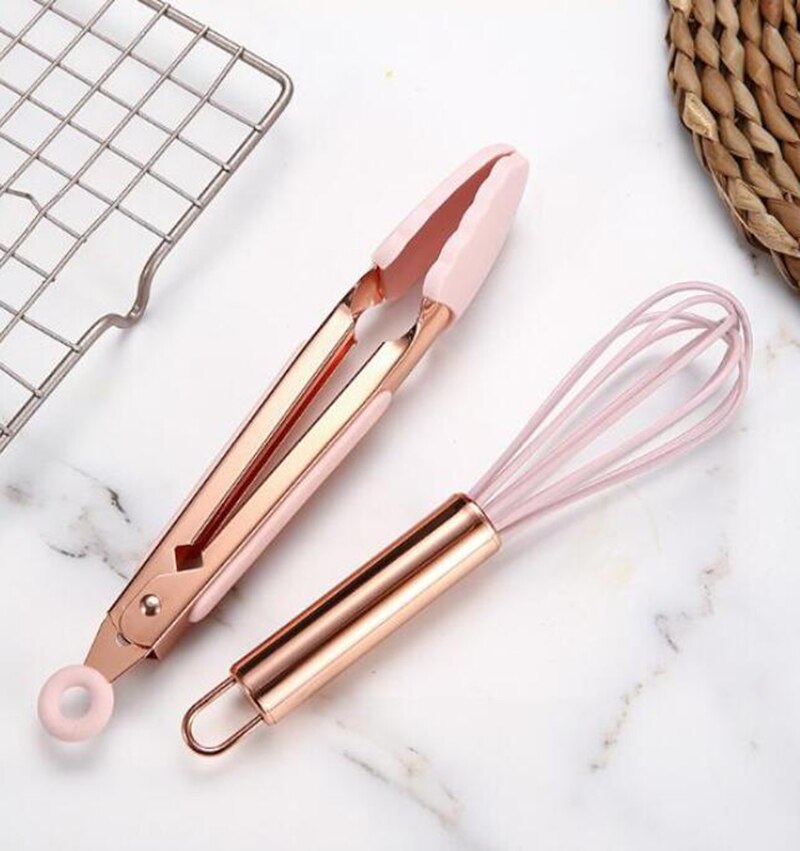 Rose gold handle,Silicone Cooking Utensil Set of 5, Nonstick Cooking tool,Slotted Turner,Spoonula,Spatula,Whisk With Storage Box