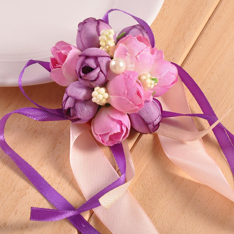 1pc Wrist Flower Rose Silk Ribbon Bride Corsage Hand Decorative Wristband Bracelet Bridesmaid Curtain Band Clip Bouquet: purple