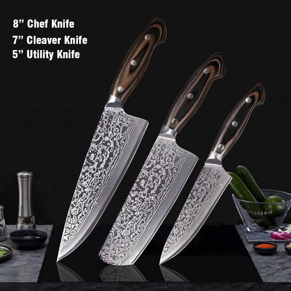 Shuooge køkkenkniv 8 tommer kokkeknive japansk højkulstof rustfrit stål kødkløver skiver santoku kniv: 3 stk