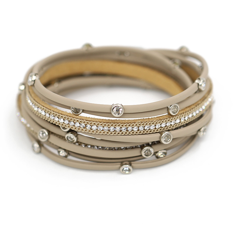 Mode Vrouwen Lederen Armband Multilayer Touw Cirkel Handgemaakte Ingelegd Rhinestone Magneet Sluiting Bangle Armbanden Zomer Sieraden: B9008c Khaki