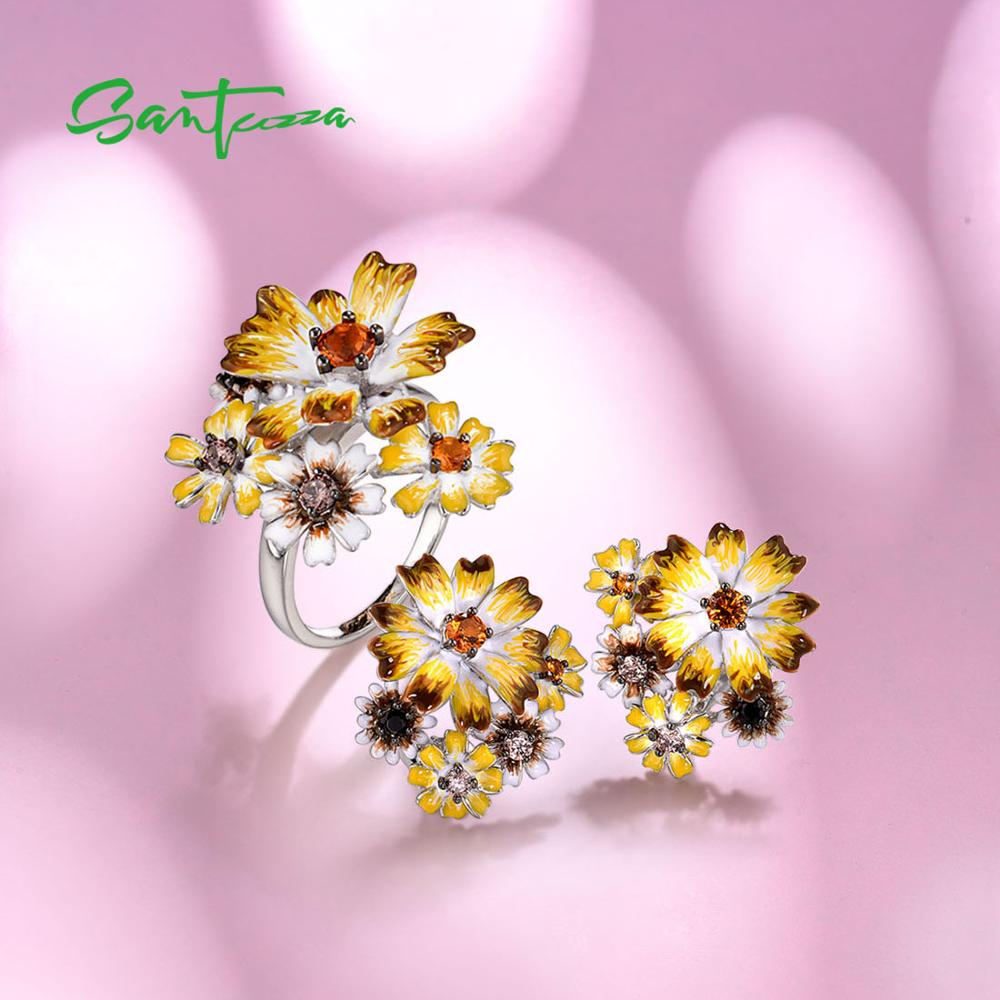 SANTUZZA Silver Jewelry Set for Women 925 Sterling Silver Yellow Flowers Earrings Ring Set Fine Jewelry Handmade Enamel