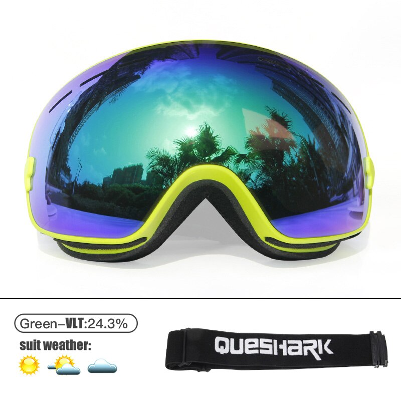 Queshark Mannen Vrouwen Skibrillen Dubbele Lagen UV400 Anti-Fog Grote Ski Masker Skiën Bril Sneeuw Snowboard Goggles Eyewear met Zak: Green