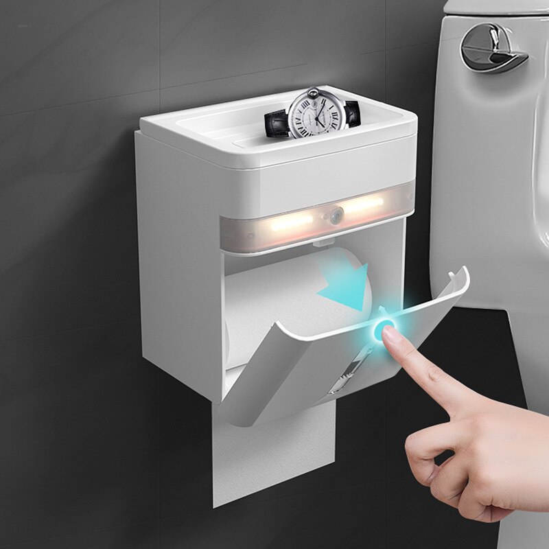 Waterproof Wall Mounted Toilet Roll Holders with Led Sensor Lights Bathroom Tissue Paper Box Rack Toilet Tissue Paper