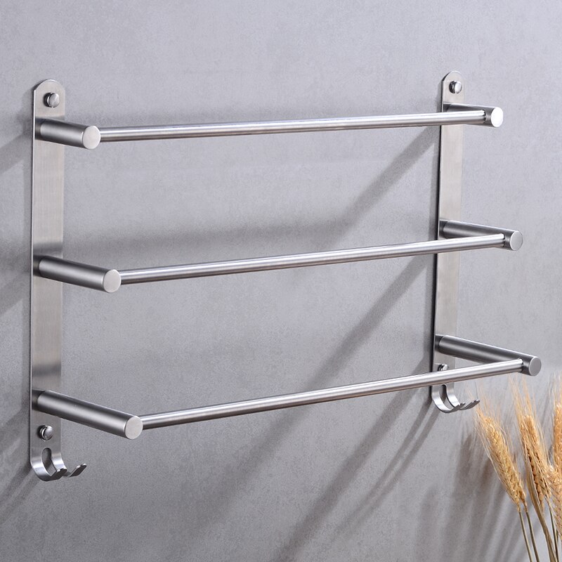 Håndklestang i rustfritt stål, håndkleholder, tre lag, håndkleholder, hengende, veggmontert, håndklehylle, med kroker