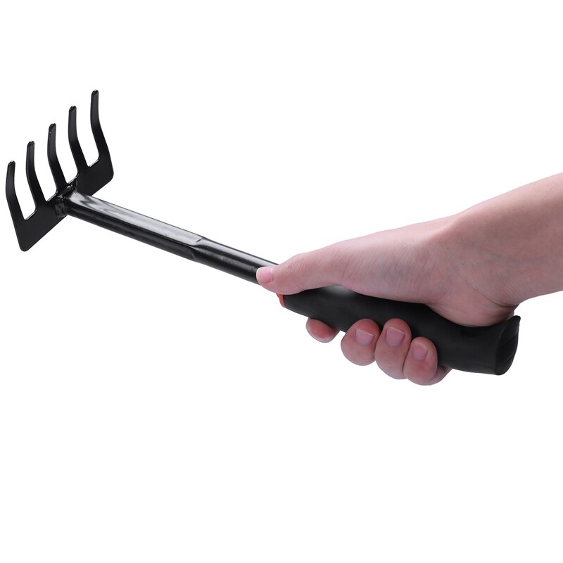Outil de main de râteau de jardin de pelouse de tête en métal de poignée antidérapante noire 12.1"