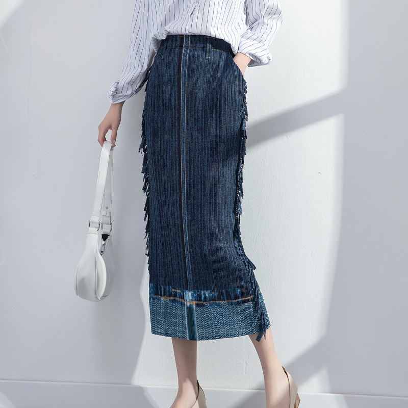 2022 wiosna nowy pakiet damski spódnica biodrówka Miyak fałdy moda Plus rozmiar Casual wysoka rozciągliwość Denim średniej długości plisowana spódnica