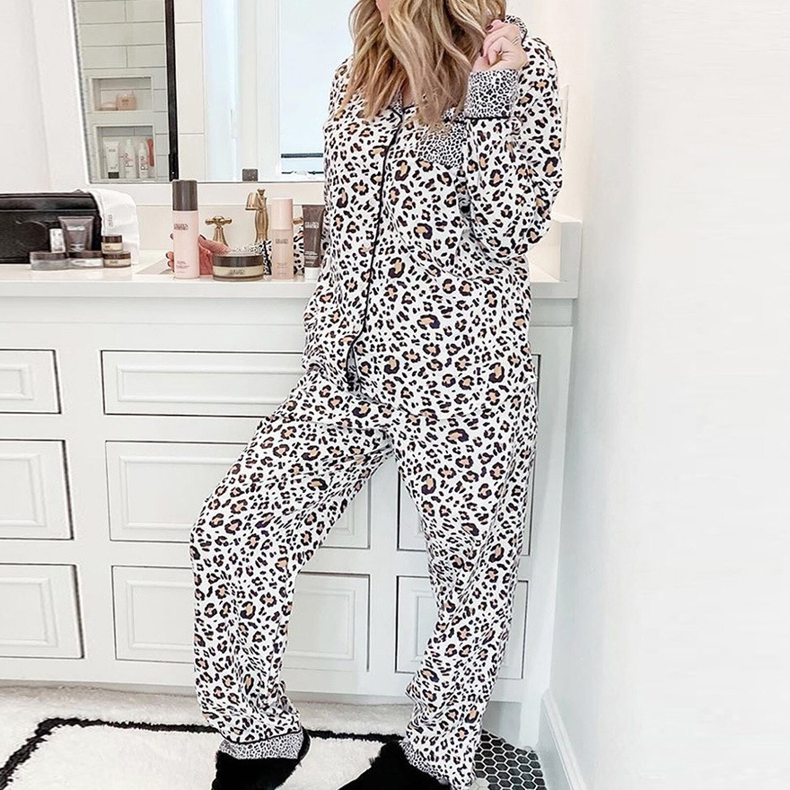 Womens Pajama Set Long Sleeve Leopard Print Sleepwear Autumn Winter warm Nightwear Soft Pjs Lounge Sets Female Pants pijama#40