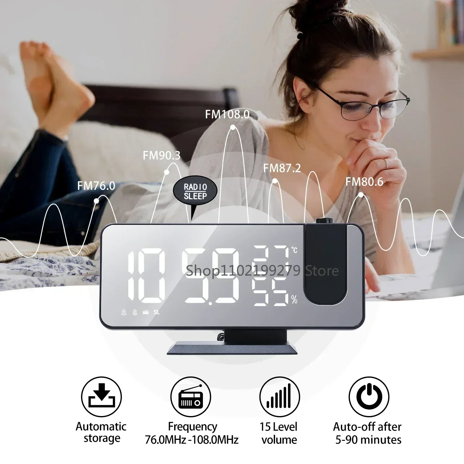 Radio LED Digitale slimme wekker Kijktafel Elektronische desktopklokken USB Wake Up Clock met 180 ° Tijdprojector Snooze