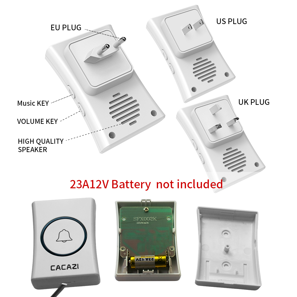 Cacazi-campainha inteligente sem fio para casa., campainha inteligente à prova d&#39;água, 300m, remoto. tomada eua, ue, ru e au. com 2 botões e 4 receptores.