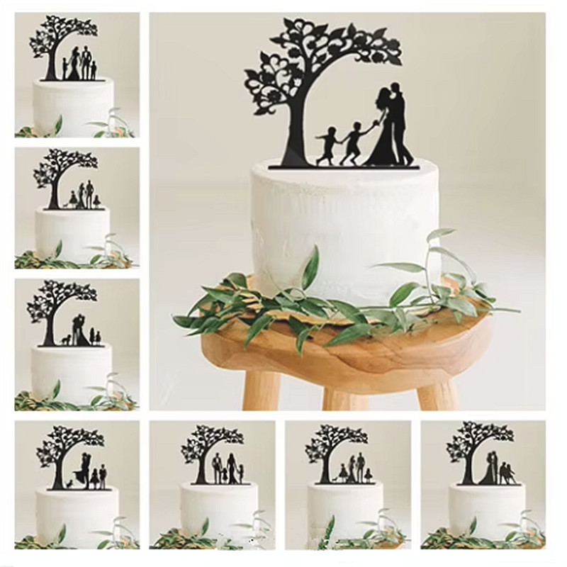 Coppia di topper torta anniverario matrimonio stile albero con 2 bambini sposa e sposo con animale domestico cane gatto ragazzi ragazze famiglia torta topper
