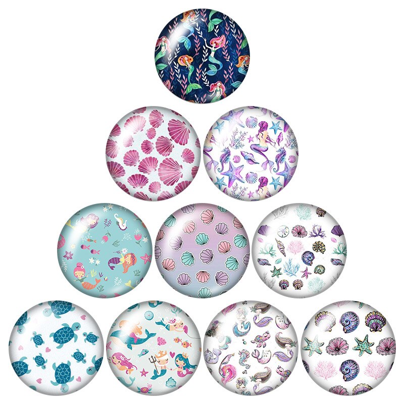 beauty Mermaid fish 18mm snap buttons 10pcs mixed round photo glass cabochon style for snap button jewelry: DB0903