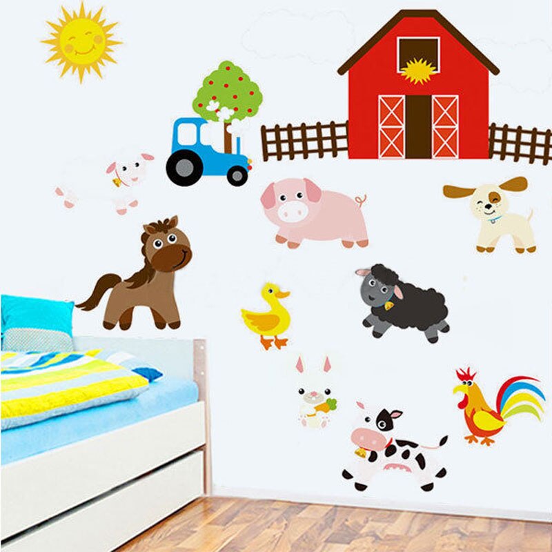 Pegatinas de pared con de granja para decoración del hogar, pegatinas de dibujos animados para dormitorio de bebé, cocina, sala de estar, Tigre, León, coche, cerdo, conejo