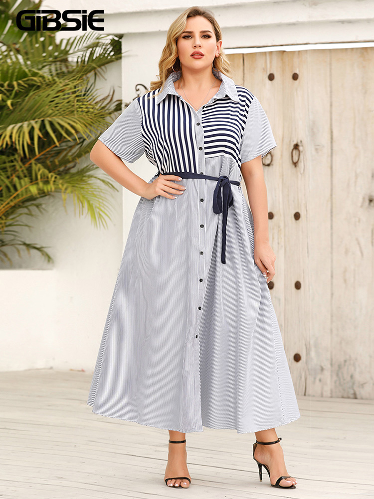 GIBSIE Striped Color Block Belted Shirt Dress Women Summer Short Sleeve A-line Casual Dresses Plus Size Office Maxi Long Dress