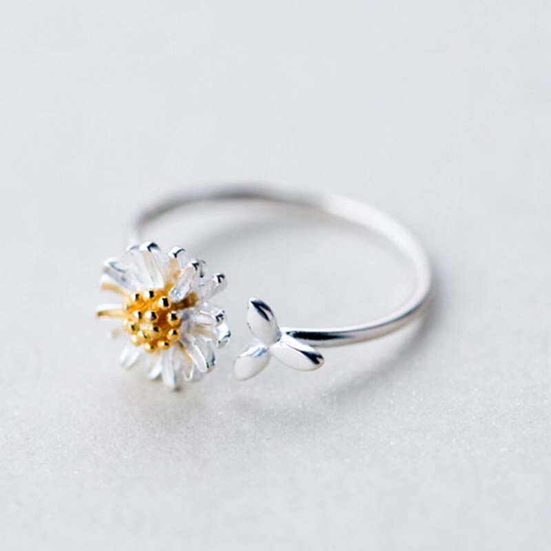 Leuke Kleine Daisy Ringen Voor Vrouwen Zilveren Kleur Bloem Met Blad Vormige Open Ring Verstelbare Size Sieraden Accessoires: Default Title